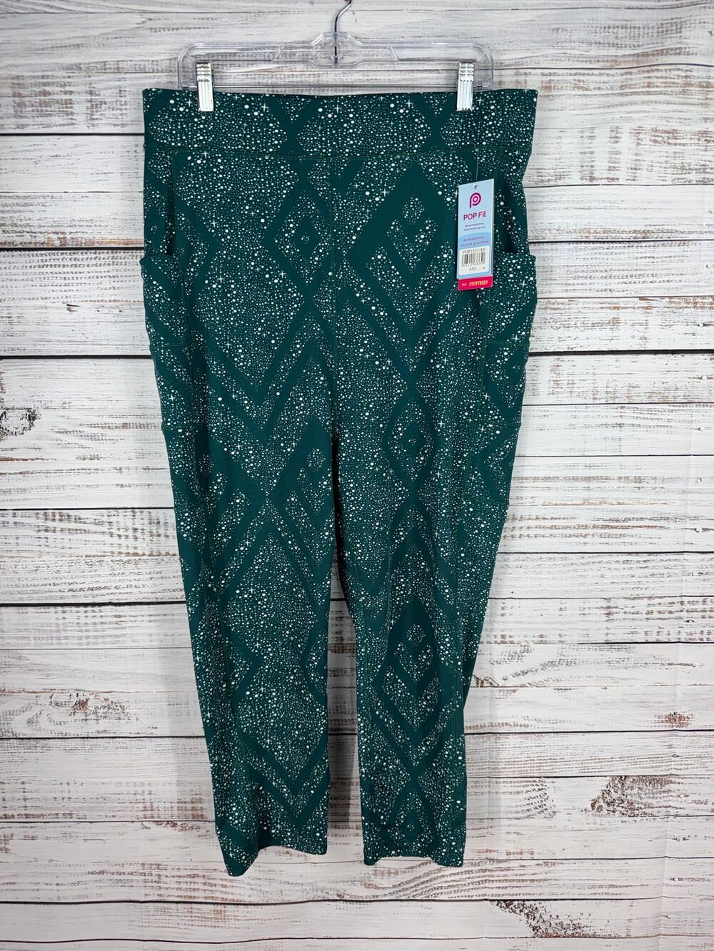 POP FIT Leggings Womens 4XL Green Splatter Leg Pockets Pull On Yoga Running NEW